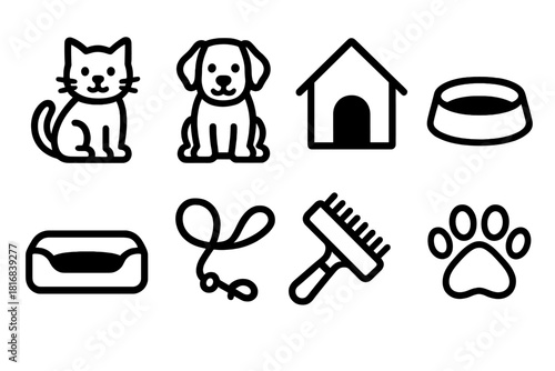 Pet Domestication Icons. Pet Domestication Icons linear icon set: cat, dog, home, bowl, bed, leash, brush, paw print