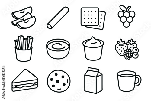Kid-Friendly Snack Icons. Kid-friendly snacks linear icon set: apple slices, cheese stick, crackers, grapes, veggie sticks, hummus, yogurt, berries, sandwich, cookie, milk, cup