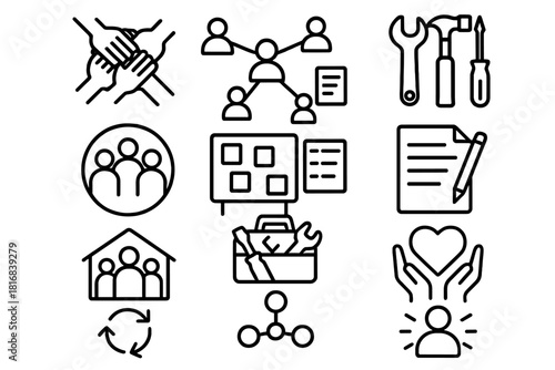 Teamwork Icon Array. Labor Day Team Collaboration linear icon set: group handshake, collaboration nodes, shared tools, teamwork circle, task board, planning sheet, community house