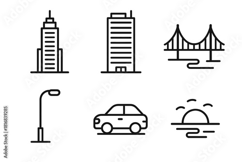 City Silhouette Icons. City Skyline linear icon set. skyscraper, office tower, bridge, streetlight, car, sunset