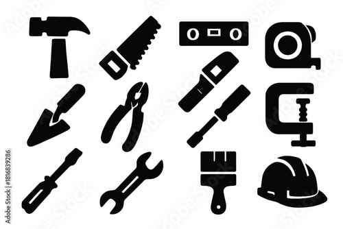 Brutalist Tool Icons. Construction Tools silhouette icon set: hammer, handsaw, level, tape measure, trowel, pliers, utility knife, clamp, screwdriver, spanner, brush, hard hat
