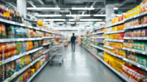 A shopper walking down a brightly lit supermarket aisle filled with colorful packaged goods and products neatly arranged on shelves on both sides