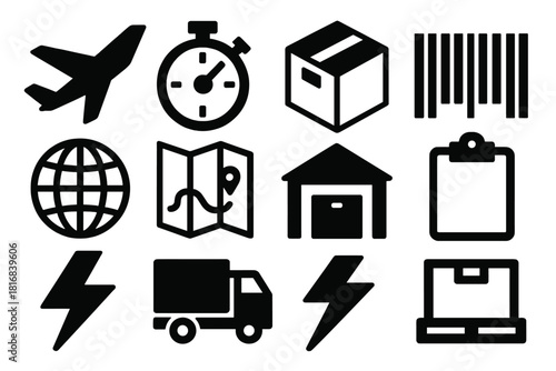 Express Delivery Icons. Express Air Delivery silhouette icon set. jet plane, stopwatch, box, barcode, globe, map, route line, warehouse, clipboard, lightning bolt, cargo truck