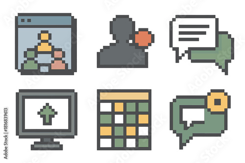 Remote Collaboration Icons. Remote Collaboration Tools pixel style icon set: collaboration hub, status indicator, comment thread, screen share frame, planning grid, message ping