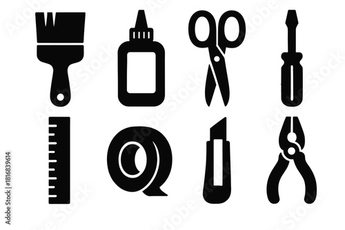 Brutalist DIY Icons. Creative DIY Set silhouette icon set. paintbrush, glue bottle, scissors, screwdriver, ruler, tape, craft knife, pliers.