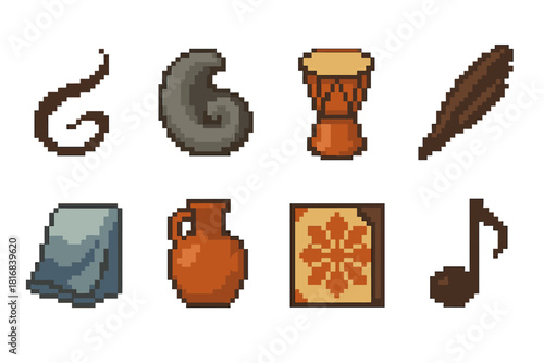 Artistic Icons Set. Artistic Voices pixel style icon set: calligraphy stroke, sculpted curve, rhythmic drum form, expressive brush mark, dyed fabric fold, crafted vessel, patterned