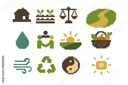 Rural Living Icons. Balanced Rural Living Icons pixel style icon set: farmhouse silhouette, garden row, balanced scale, open field path, fresh water drop, community circle, calm