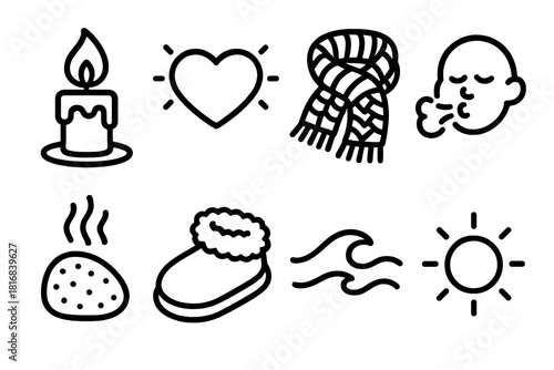Warmth Icon Set. Comforting Warmth Symbols linear icon set: candle flame, heart glow, knitted scarf, warm breath, soft ember, fuzzy slipper, gentle wave, glow ring