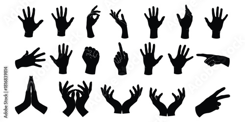 Collection of hand gestures silhouettes in various poses on white background