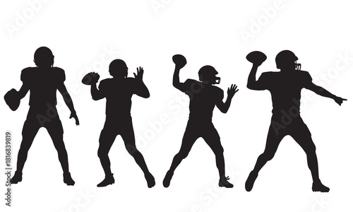 Four american football players in silhouette posing with footballs ready to throw