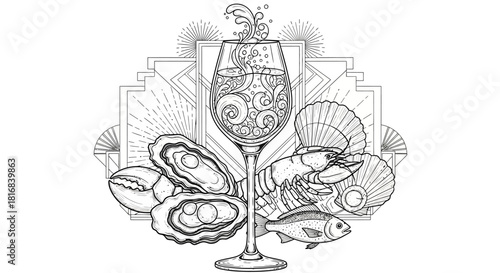 A detailed black and white line art illustration of a wine glass surrounded by various seafood, including oysters, scallops, shrimp, crab, and fish, with an art deco background.