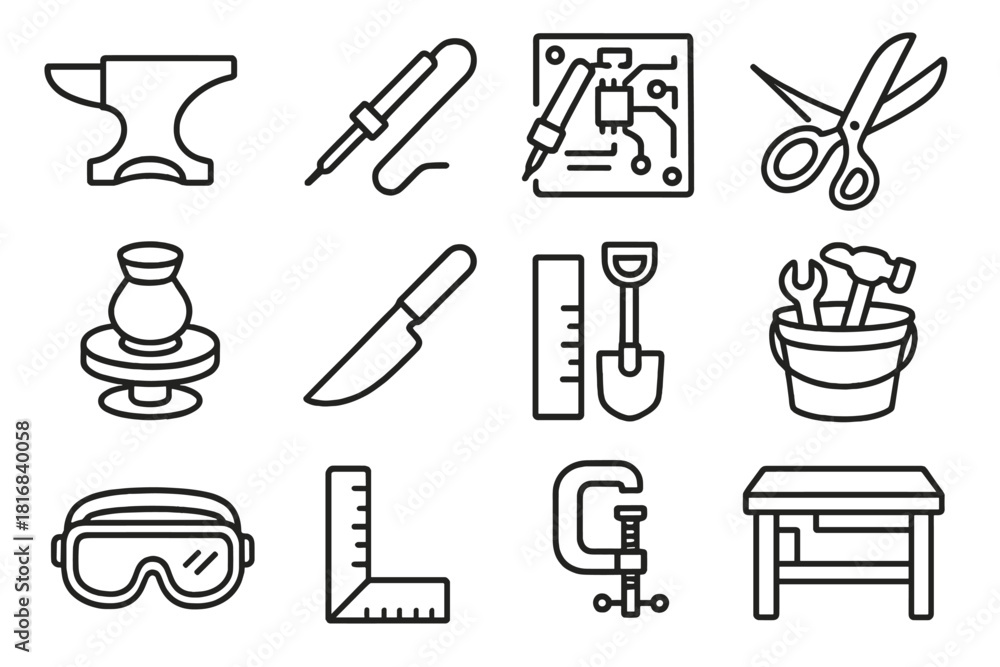Obraz premium Labor Day Craft Icons. Labor Day Craft & Skill Icons linear icon set: metal anvil, soldering iron, circuit board repair, fabric cutting shears, pottery wheel, culinary knife