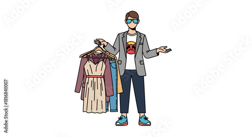 A stylish man holding various clothes on hangers, presenting fashion options.