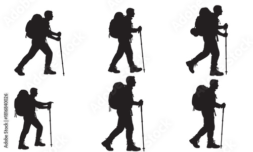 Collection of five distinctive hiker silhouettes with trekking poles and backpacks silhouette