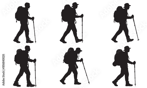 Collection of diverse hiking and trekking silhouette poses with a graphic design software icon
