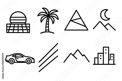 Neon Retro Landscape. Neon Dreams linear icon set. sunset grid, palm tree, glowing triangle, sports car, laser beam, moon, mountain silhouette, city skyline