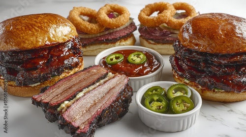 Premium smoked brisket sandwich with onion rings jalapeños barbecue sauce professional food photography white marble countertop restaurant quality presentation
