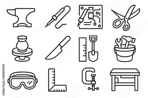 Labor Day Craft Icons. Labor Day Craft & Skill Icons linear icon set: metal anvil, soldering iron, circuit board repair, fabric cutting shears, pottery wheel, culinary knife