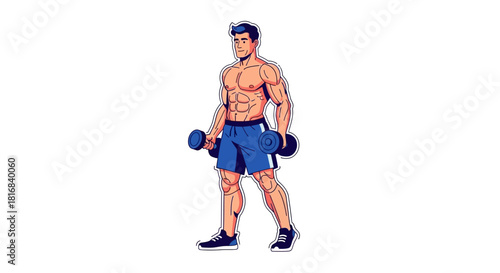 Muscular man in blue shorts holding dumbbells, ready for a workout session.