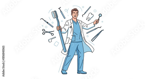 A male dentist in scrubs and lab coat holding a giant toothbrush and dental mirror, surrounded by various dental instruments.