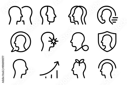 Identity Symbols Exploration. Exploring Identity Symbols linear icon set: varied profiles, reflective icon, layered identity shapes, shifting lines, perspective bubble, clarity