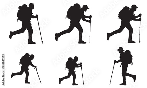 Collection of six dynamic hiker silhouettes in various poses with trekking poles