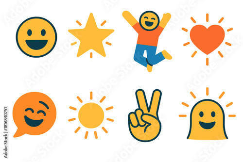 Joyful Icons Collection. Emotional Happiness Set flat icon set: open smile, shining star, joyful jump, heart rays, laughter bubble, sunshine burst, peace hand, happy energy