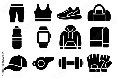 Brutalist Fitness Icons. Fitness Gear silhouette icon set: leggings, tank top, sneakers, gym bag, water bottle, smartwatch, hoodie, towel, cap, whistle, dumbbell, gloves