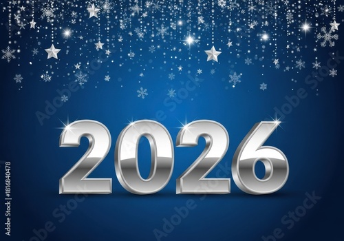Shiny silver 2026 numbers with falling snowflakes isolated on white background
