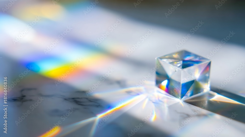 Obraz premium diffraction. Glass prism creating rainbow light refraction on a sleek marble surface. STEM education sheets, lab safety posters, designed for biotech research communications, used by radiologists. 