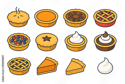 Colorful Pie Icons. Pie Varieties flat icons set. apple pie, pumpkin pie, pecan pie, cherry pie, berry tart, mince pie, lemon meringue, chocolate pie, lattice top, slice, crust