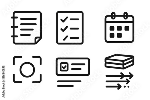 Organizational Icons Set. Personal Organization Icons Set linear icon set: planner page, checklist marks, tidy stack, calendar square, focus lens, task card, aligned arrows