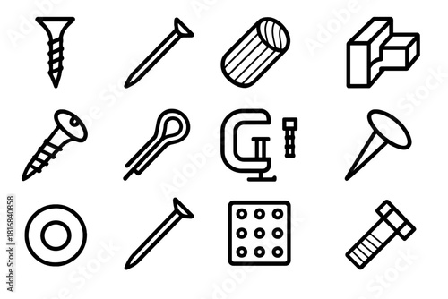 Woodworking Fasteners Icons. Woodworking Fasteners linear icon set. wood screw, brad nail, dowel, glue joint, hinge screw, pin, clamp, tack, washer, nail, connector plate, bolt.
