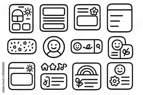 Whimsical App Layouts. Whimsical App Layouts linear icon set. cartoon home screen, colorful navigation bar, doodle card layout, playful sidebar, confetti button set, smiling