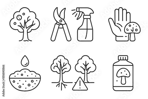 Tree Care Icons. Tree care response concept linear icon set: infected tree, pruning tool, spray bottle, warning leaf, soil treatment, healthy vs sick tree, glove hand, fungus