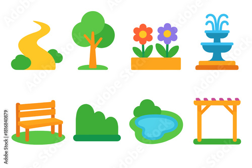 Minimalist Garden Icons. Garden Design flat icons set. pathway, tree, flower bed, fountain, bench, hedge, pond, pergola