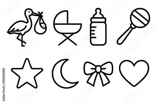 Stork Baby Outline Icons. Stork and baby theme linear icon set: stork carrying cloth, cradle, milk bottle, rattle, star, moon, bow, heart