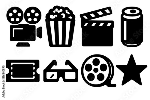 Brutalist Film Icons. Film Lover Icons silhouette icon set. projector, popcorn, clapperboard, soda can, ticket, 3D glasses, film reel, star.