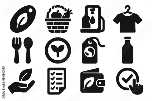 Conscious Consumption Icons. Conscious Consumption silhouette icon set. organic label, local produce basket, refill station, secondhand clothing, wooden utensil, plant-based meal
