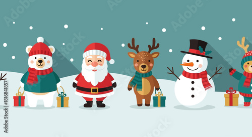 Festive Holiday Characters in a Winter Wonderland, Including Santa Claus, a Polar Bear, a Snowman, and a Reindeer, Surrounded by Gifts and Snowfall