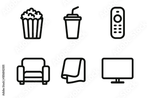 Home Cinema Icons. Home Cinema linear icon set. popcorn, soda cup, remote, couch, blanket, TV screen
