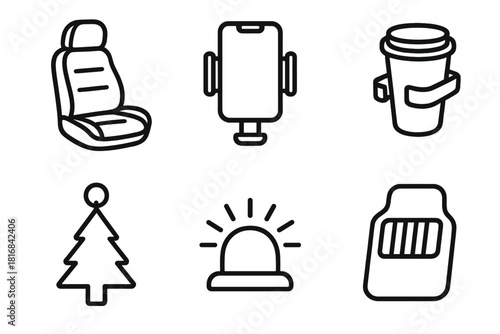 Interior Comfort Icons. Interior Comfort linear icon set. seat cushion, phone mount, cup holder, air freshener, LED light, mat
