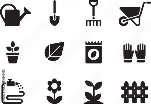 Gardening tools and plants graphic set icons