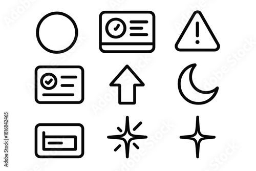 Digital Focus Icons. Digital Focus Tools linear icon set: centered circle, simplified dashboard, alert trim, task card, priority arrow, quiet mode icon, timeline block, focus spark