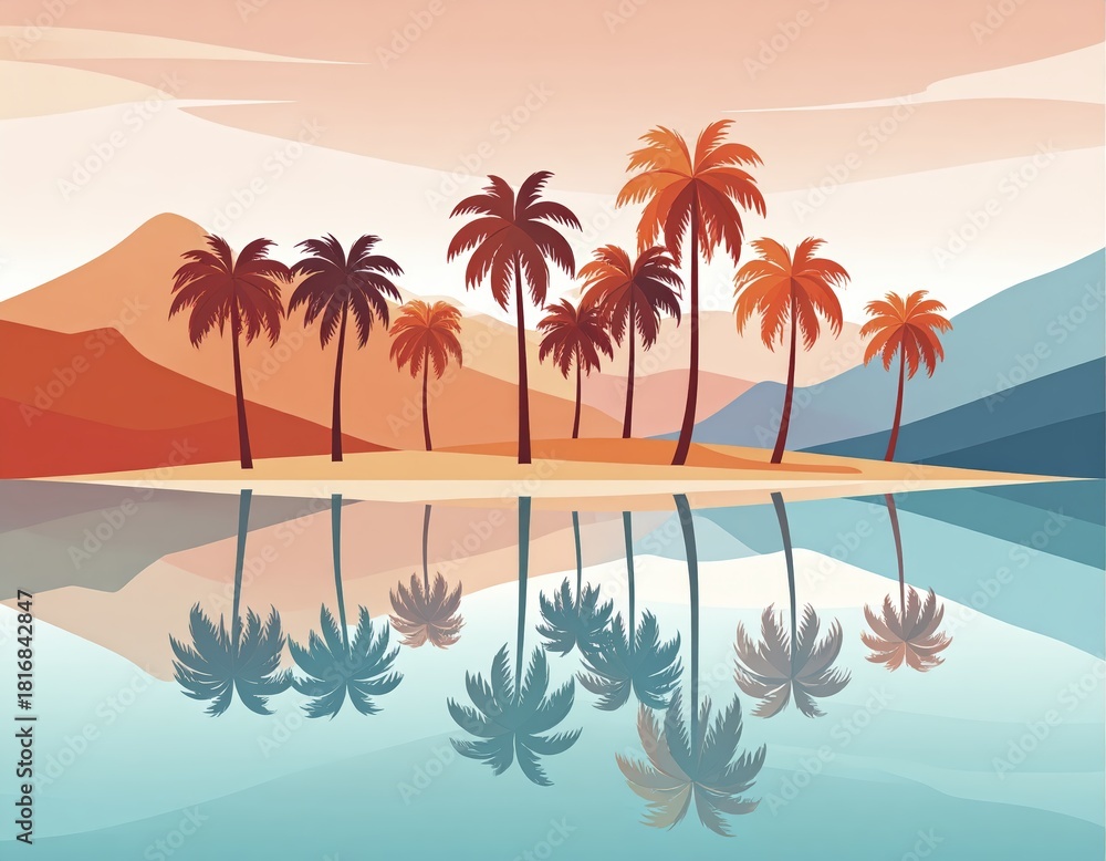 Obraz premium Surreal Palm Grove Reflects in Calm Lake Amid Violent Orange Mountains