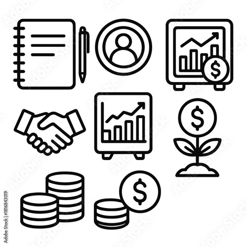 Financial Planning Icons. Personal Finance Plan linear icon set. notebook, pen, retirement fund icon, safe box, budget chart, handshake, coin stack, growth plant