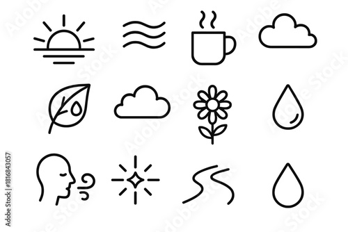 Morning Freshness Icons. Morning Freshness linear icon set: rising sun, crisp air lines, fresh mug steam, dew on leaf, soft cloud, bright spark, clarity breath, gentle wave