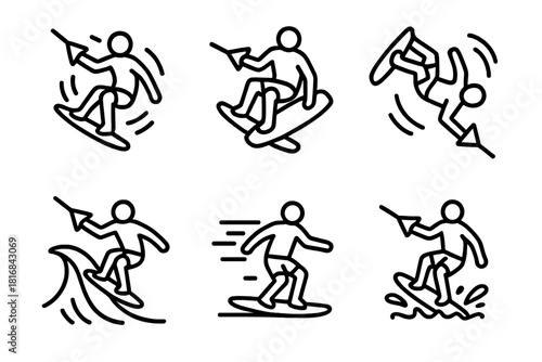 Extreme Sports Icons. Tricks and Stunts linear icon set. mid-air spin, board grab, backflip, ramp wave, motion lines, splash effect