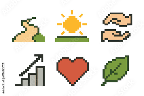Recovery Journey Icons. Recovery Journey Themes Set pixel style icon set: gentle path, rising sun, support hand, progress steps, calm heart, renewal leaf
