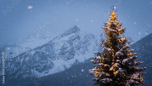 Illuminated Christmas Tree in Snowy Mountain Landscape